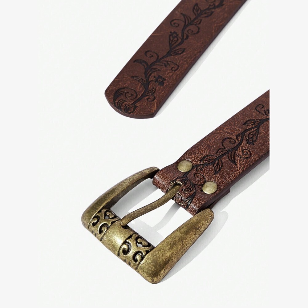 Brown Floral Print Vegan Leather Belt with Antique Gold Buckle - Picture 4 of 4